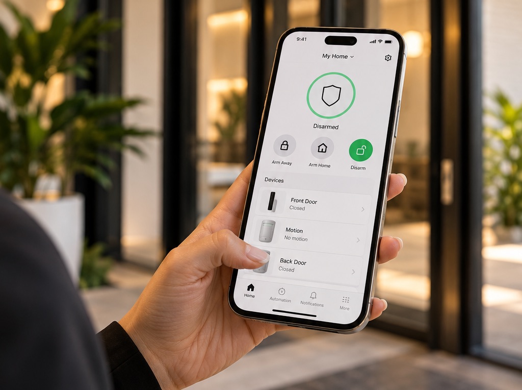 Hand holding smartphone running smart home security app with remote arming and sensor status