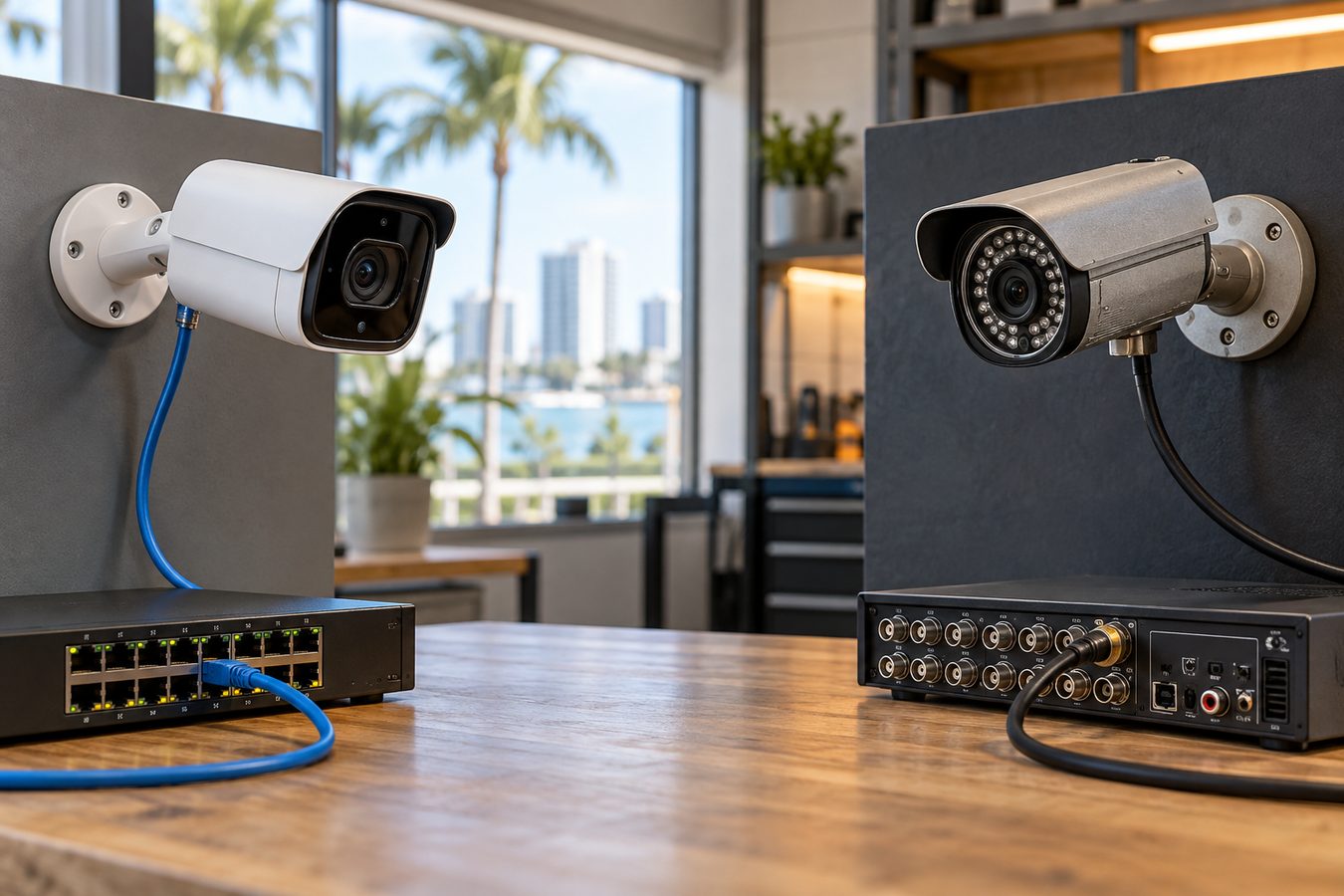 Comparison between an IP camera with PoE network switch and an analog CCTV camera with BNC DVR