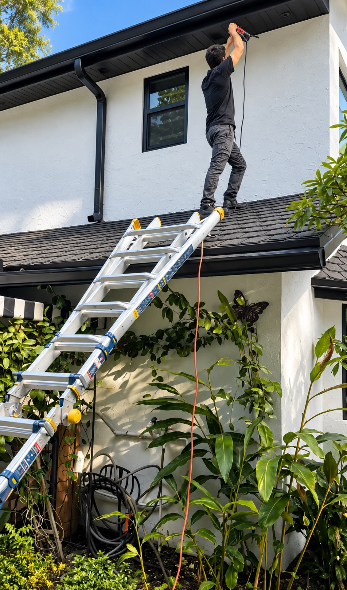 V Power Solutions technician installing a security camera under the eaves of a residential roof in Florida