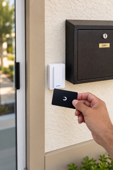 Hand tapping black smart RFID keycard on slim white wall-mounted access control reader beside entry door