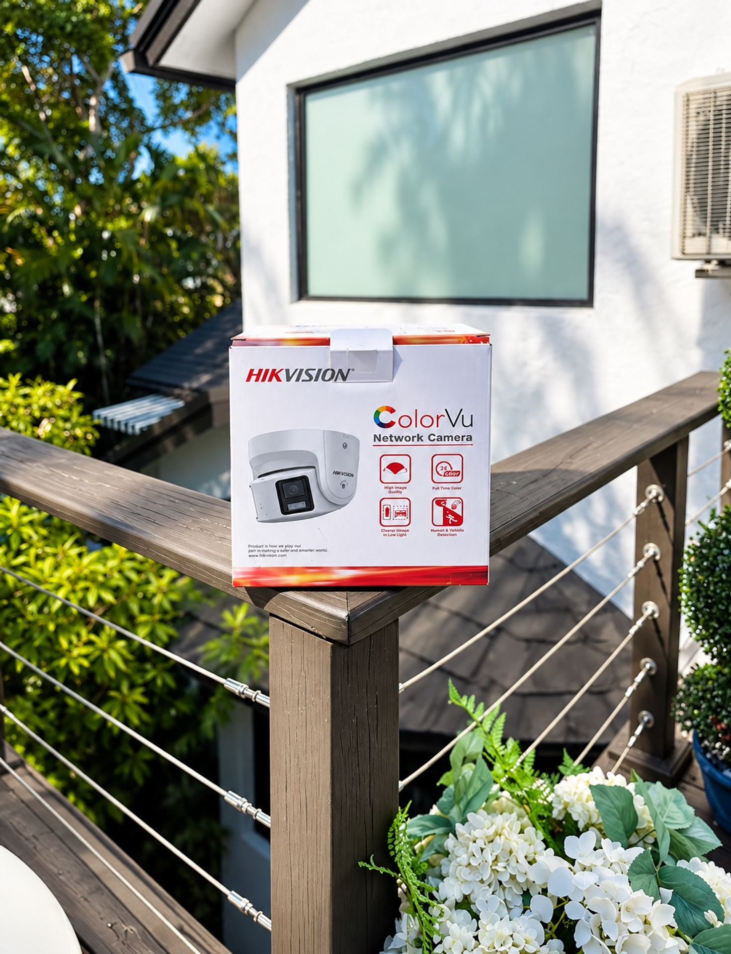 Hikvision ColorVu network camera in retail packaging ready for professional installation by V Power Solutions