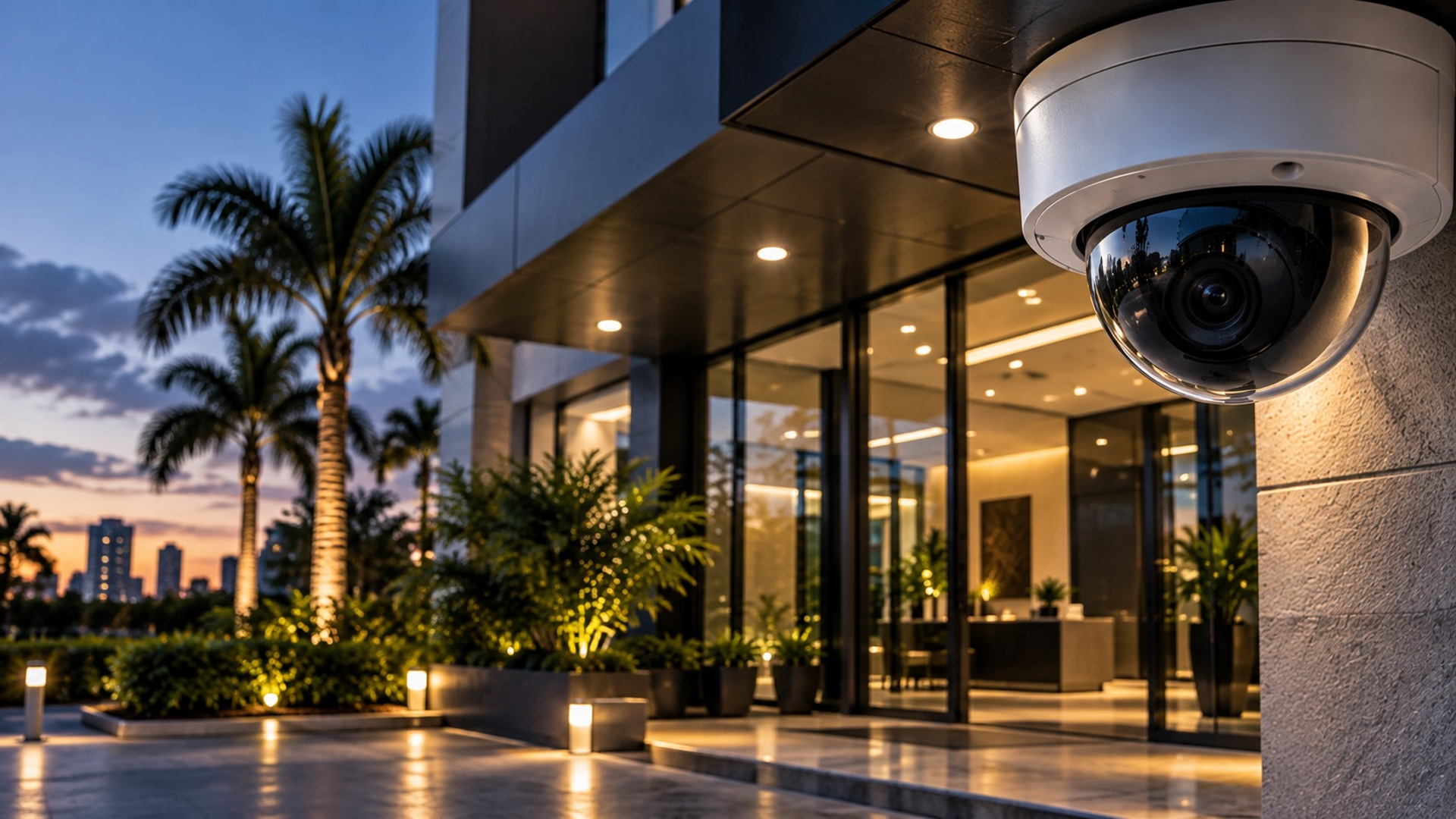 Commercial outdoor 4K dome security camera installed on modern Florida building with palm trees at twilight