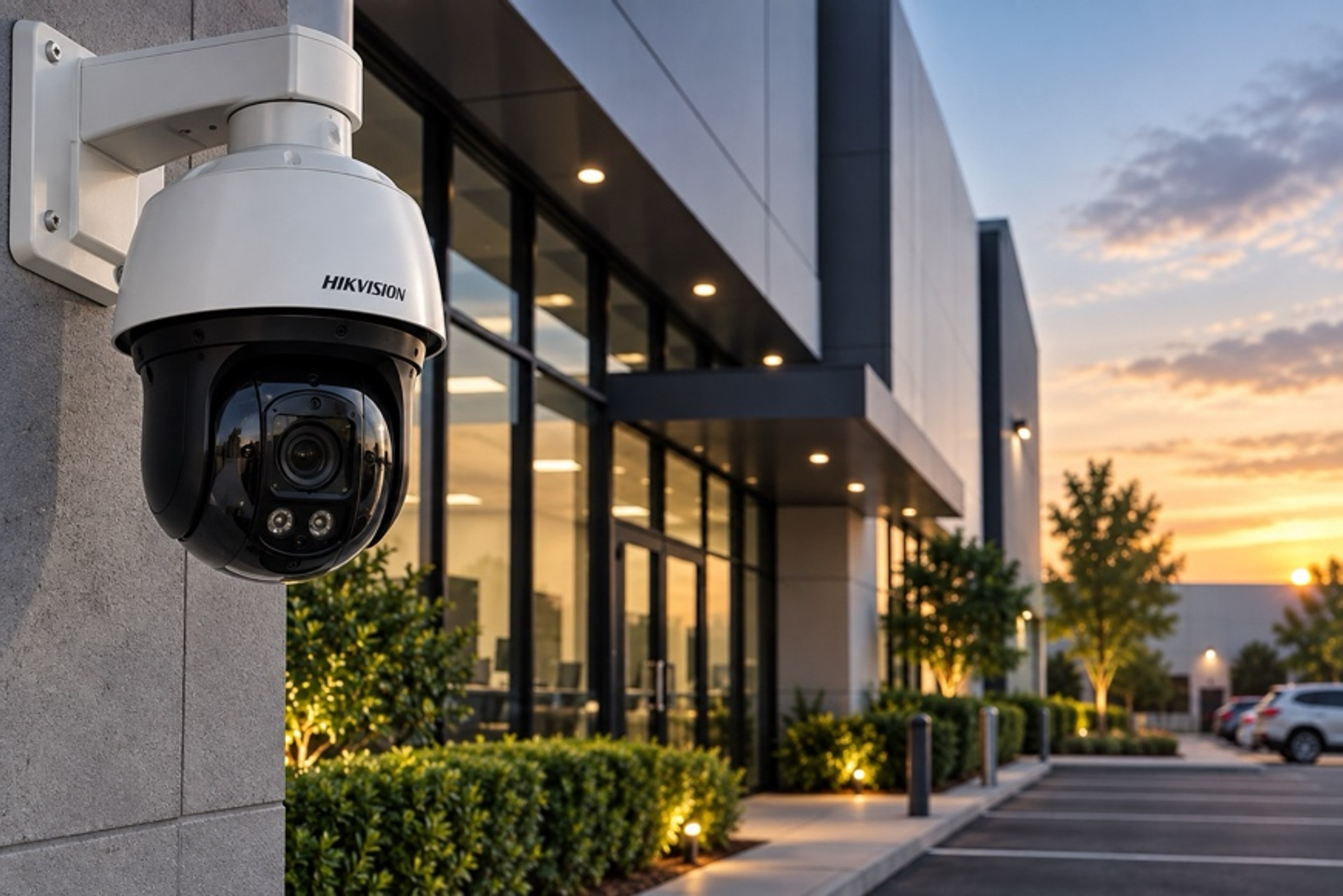 Professional outdoor PTZ security camera mounted on the corner of a modern commercial property at sunset with parking lot and landscape view