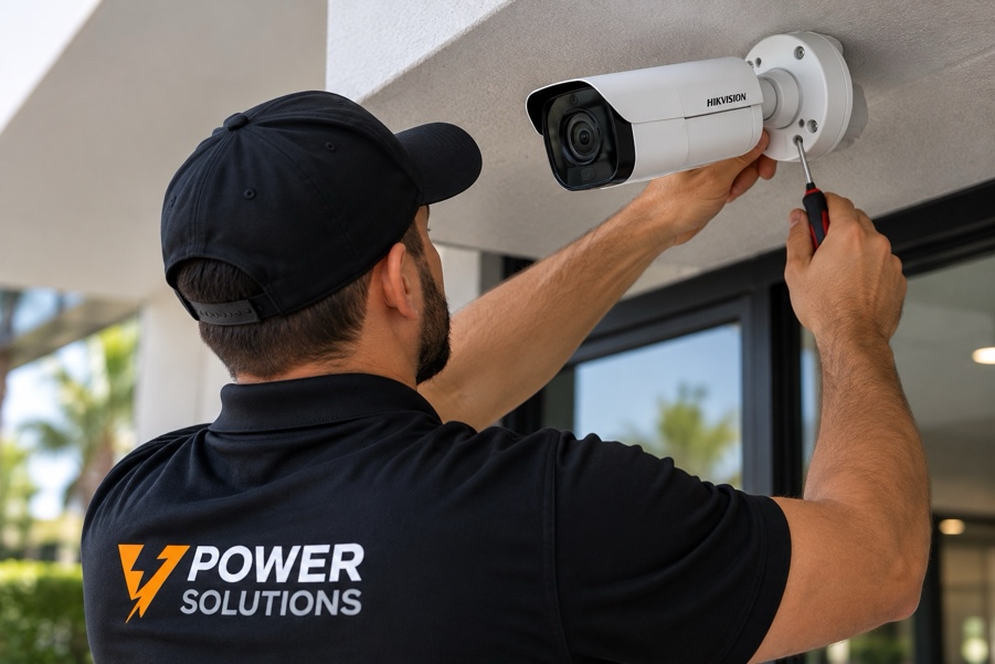 Professional technician installing and adjusting a commercial security bullet camera under an exterior soffit in Fort Lauderdale, Florida