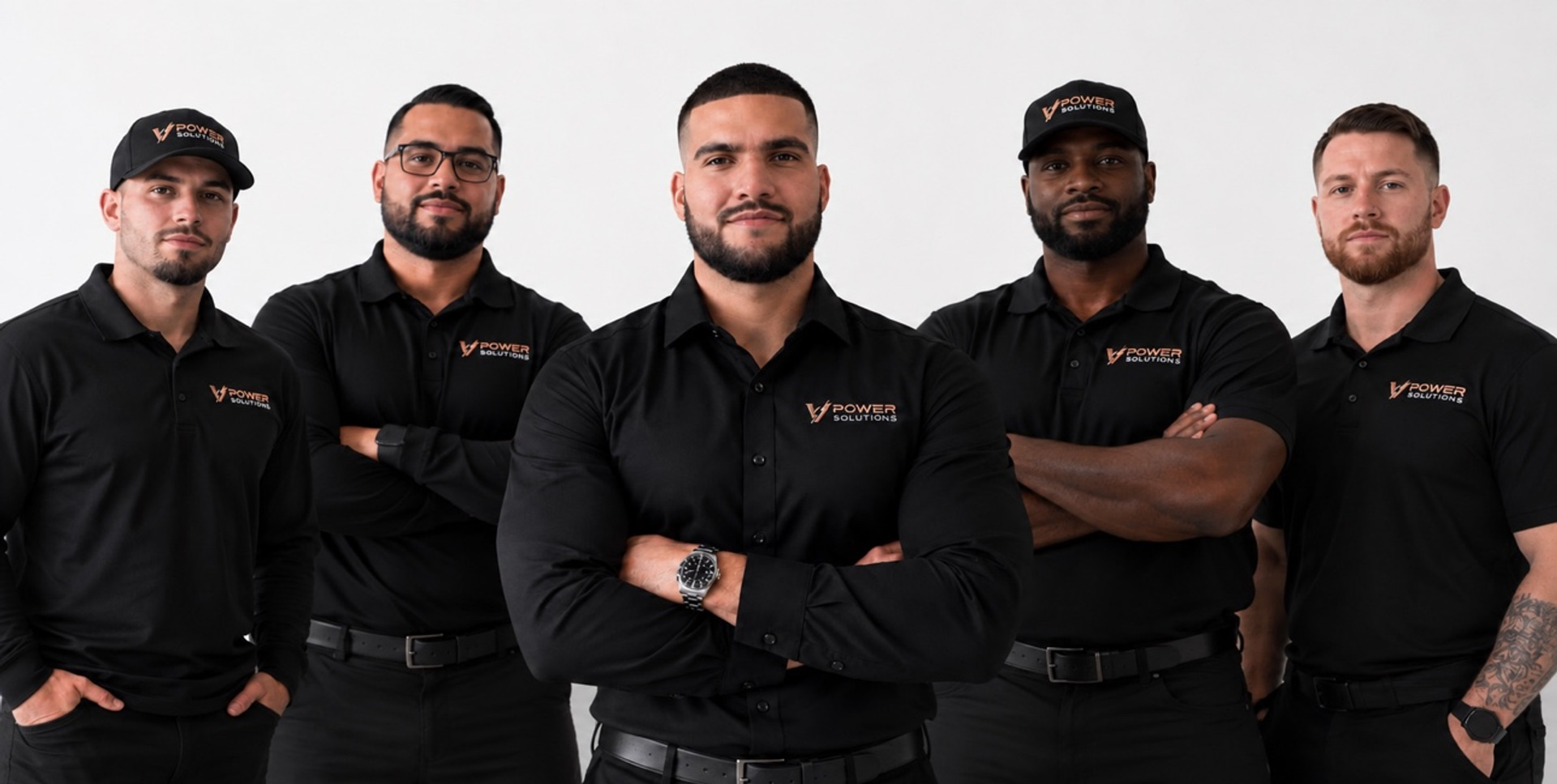 V Power Solutions professional installation team standing together in black company branded uniforms and caps