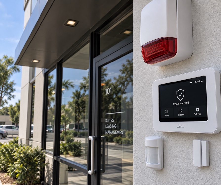 Intelligent DSC alarm touchscreen keypad with siren strobe and motion sensor mounted beside a commercial office entryway