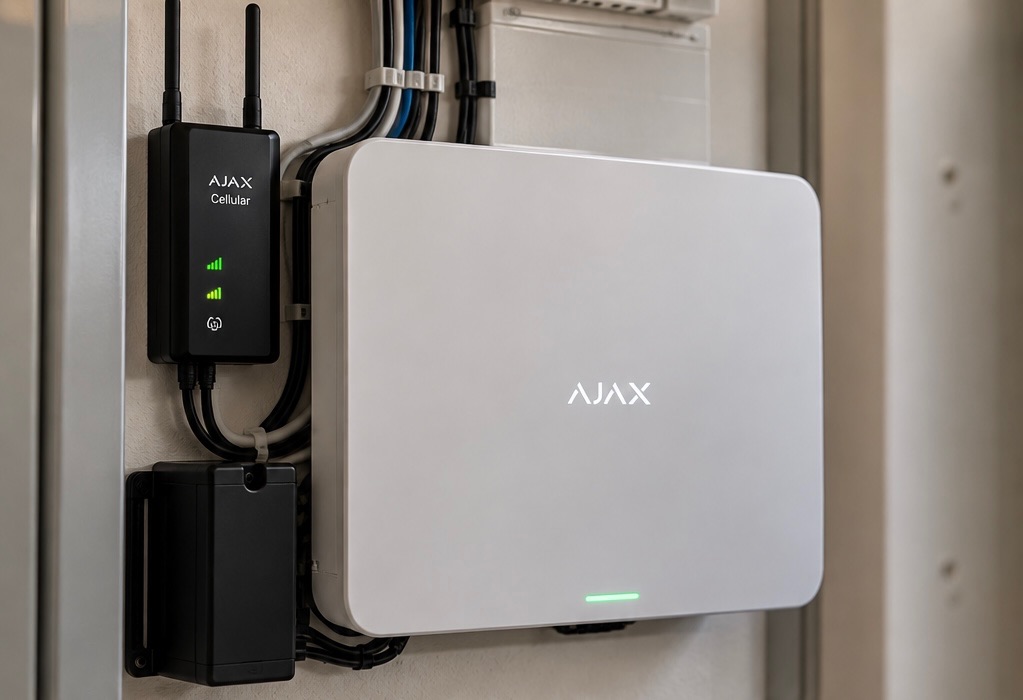 Ajax security alarm central hub and cellular communication module installed on wall with status indicators