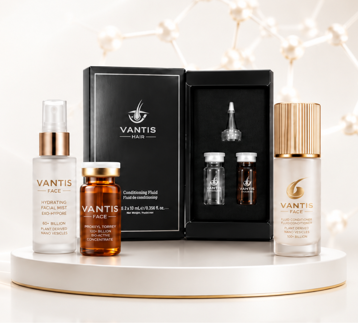 The Vantis bio-aesthetics product collection — Hydrating Facial Mist, Conditioning Fluid Kit Hair, and Fluid Conditioner