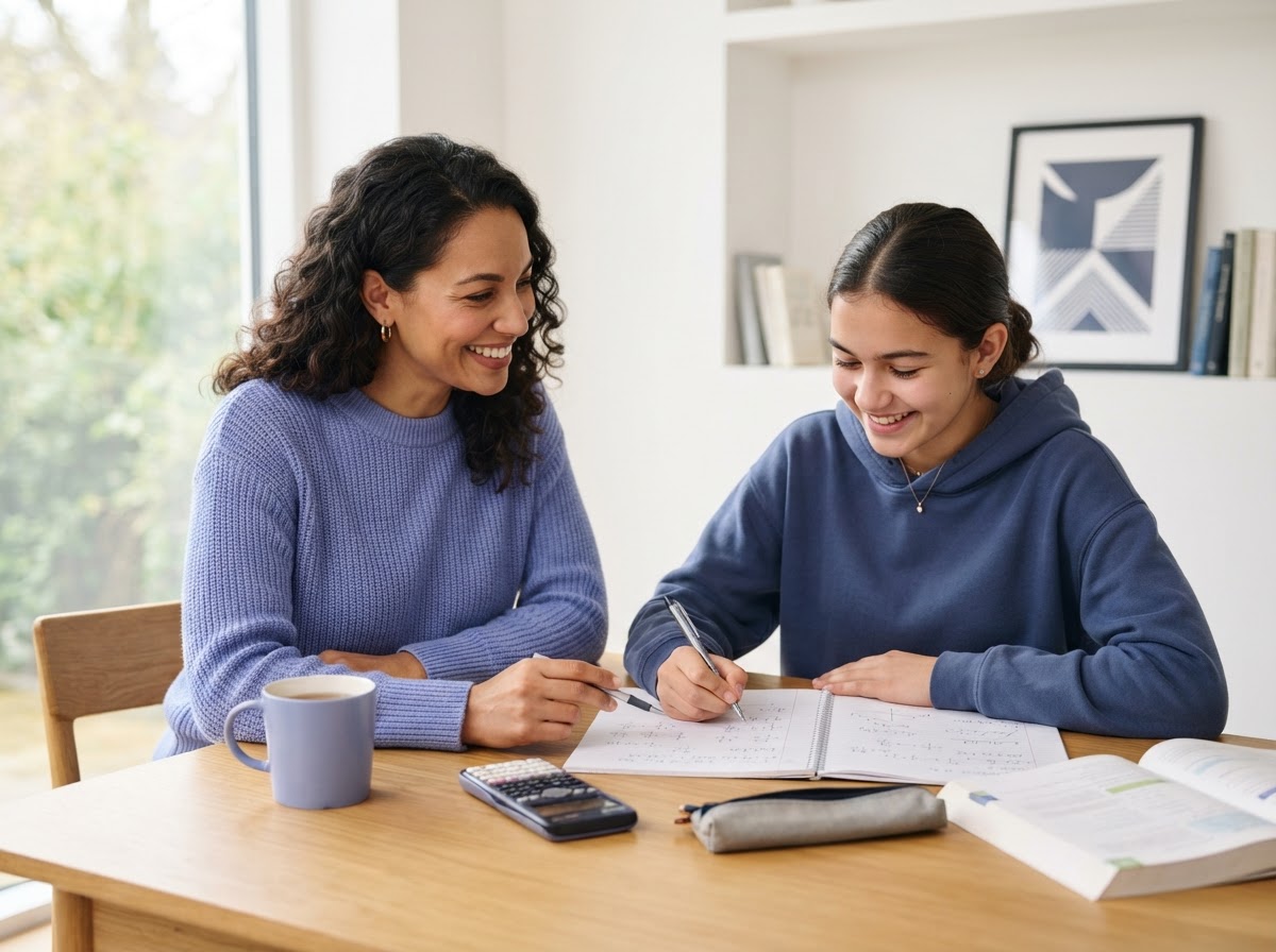 A tutor and student working together on math problems at a table