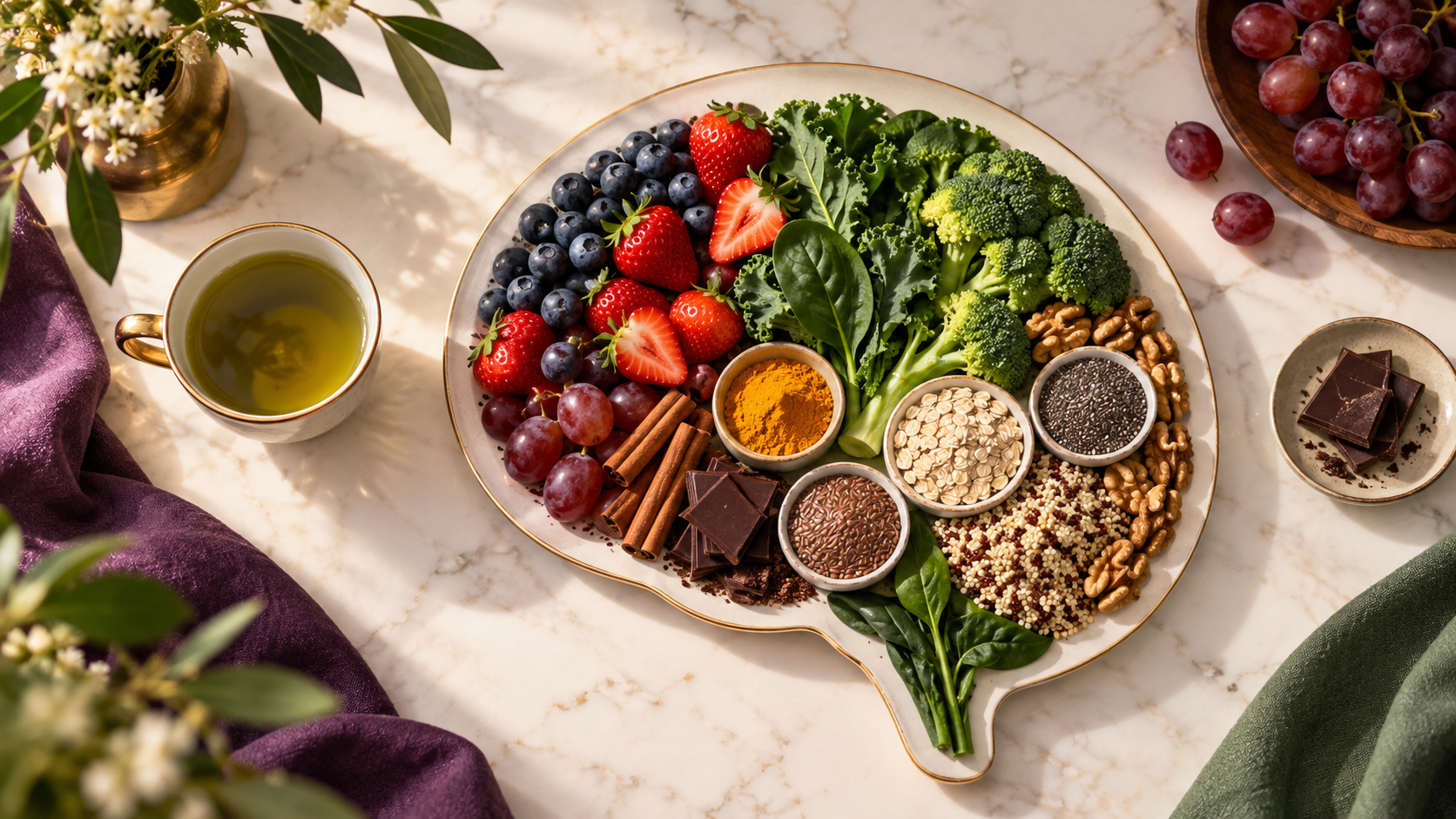 Brain-supportive plant foods arranged in the shape of a brain.