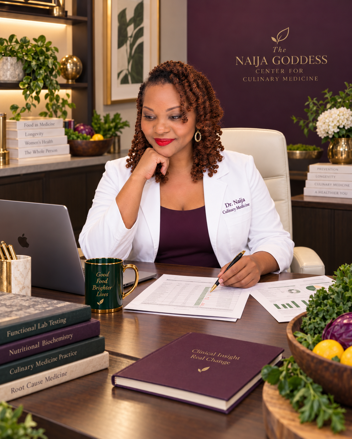 Dr. Naija reviewing laboratory results in an elegant consultation setting