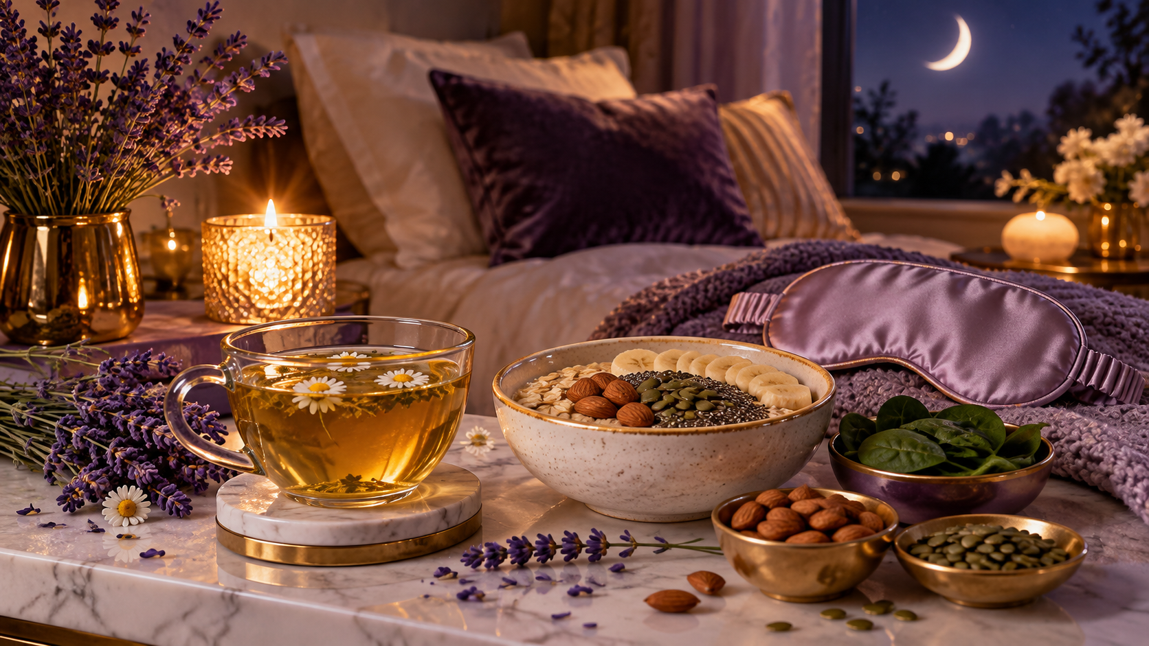 Calming nighttime sleep routine with herbal tea, lavender, sleep mask, and nutrient-rich foods.