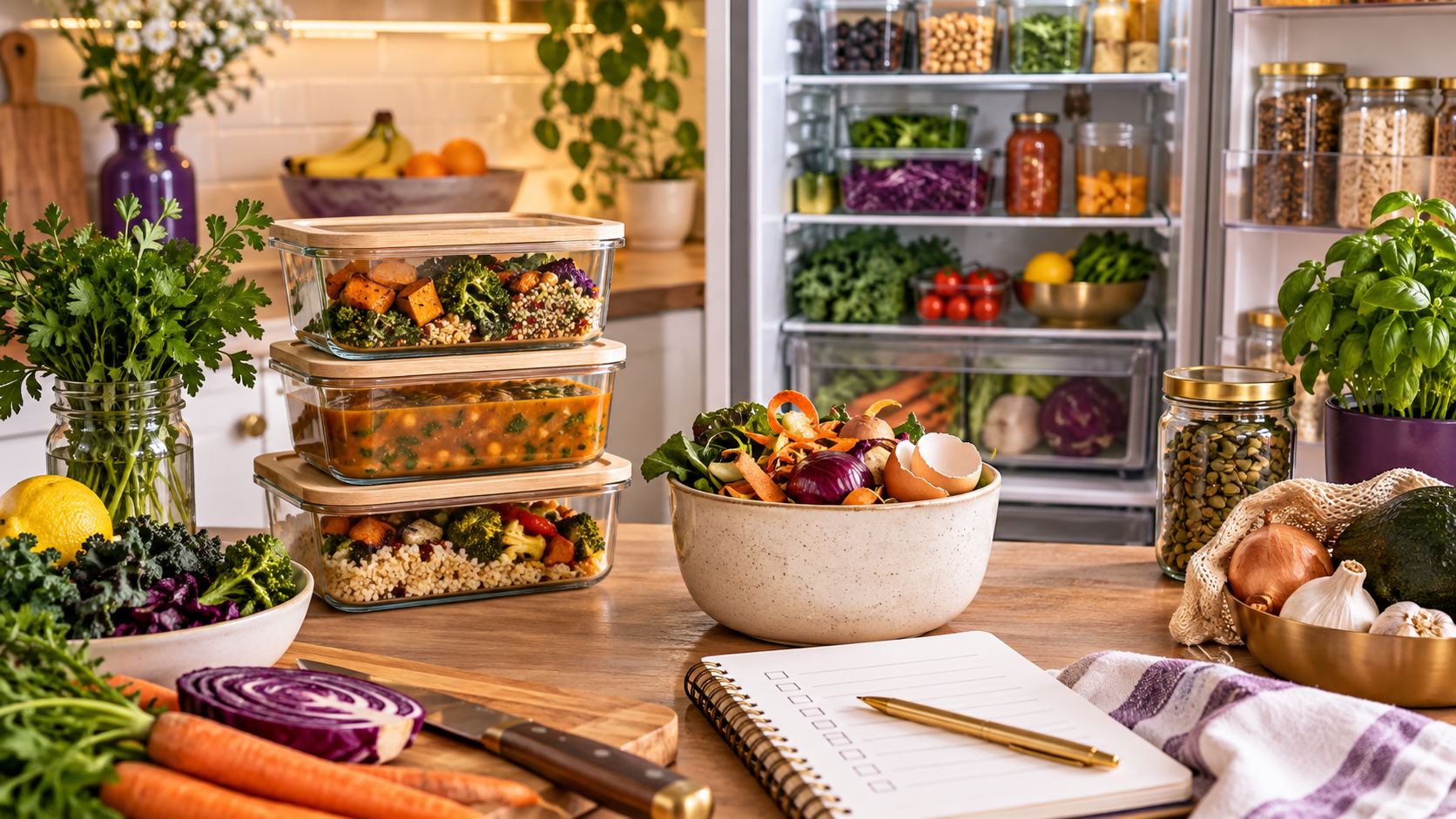 Organized kitchen with meal-prep containers, food scraps, fresh produce, and a meal-planning list.