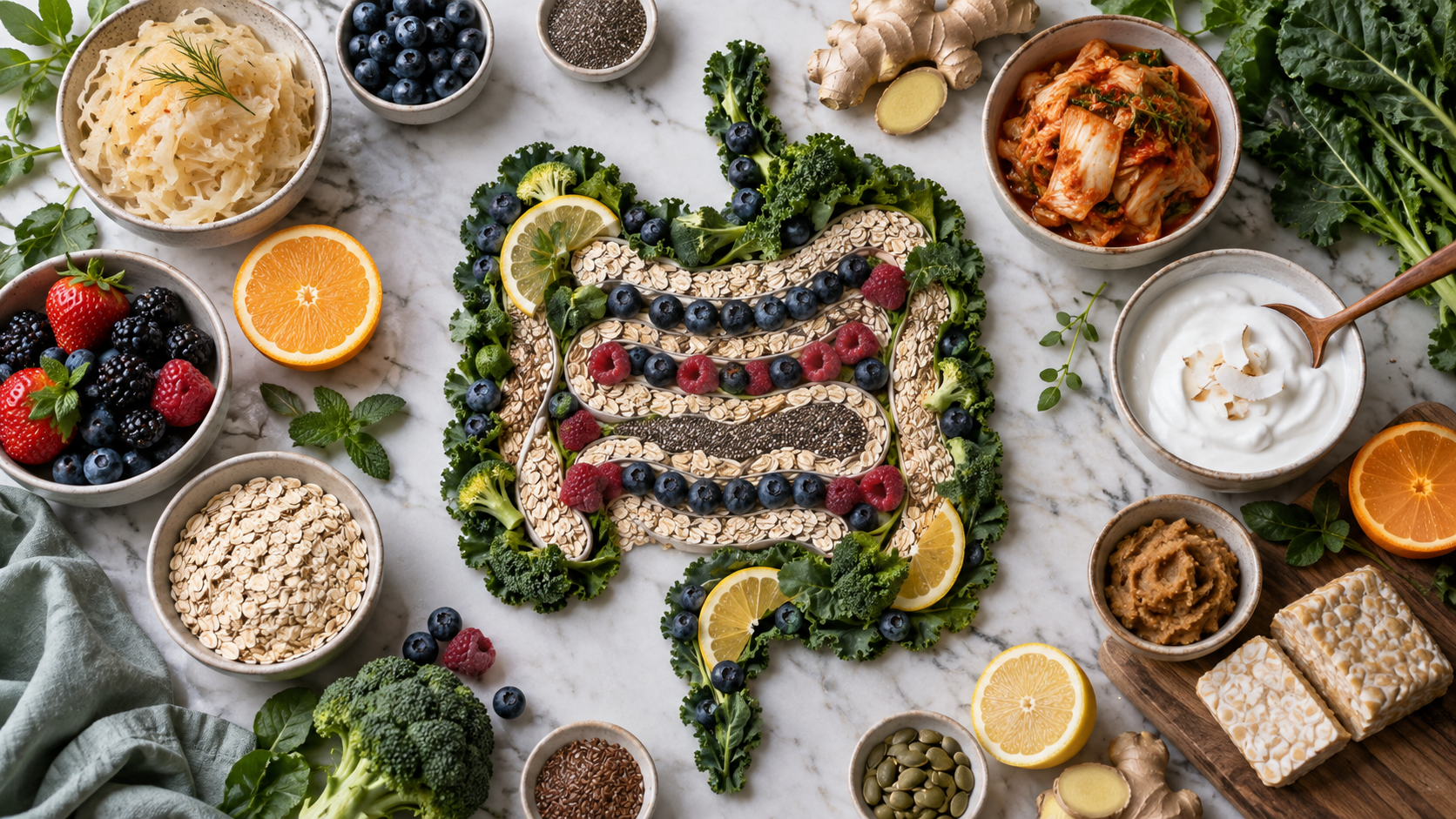 Gut-supportive foods arranged in the shape of the intestinal tract.