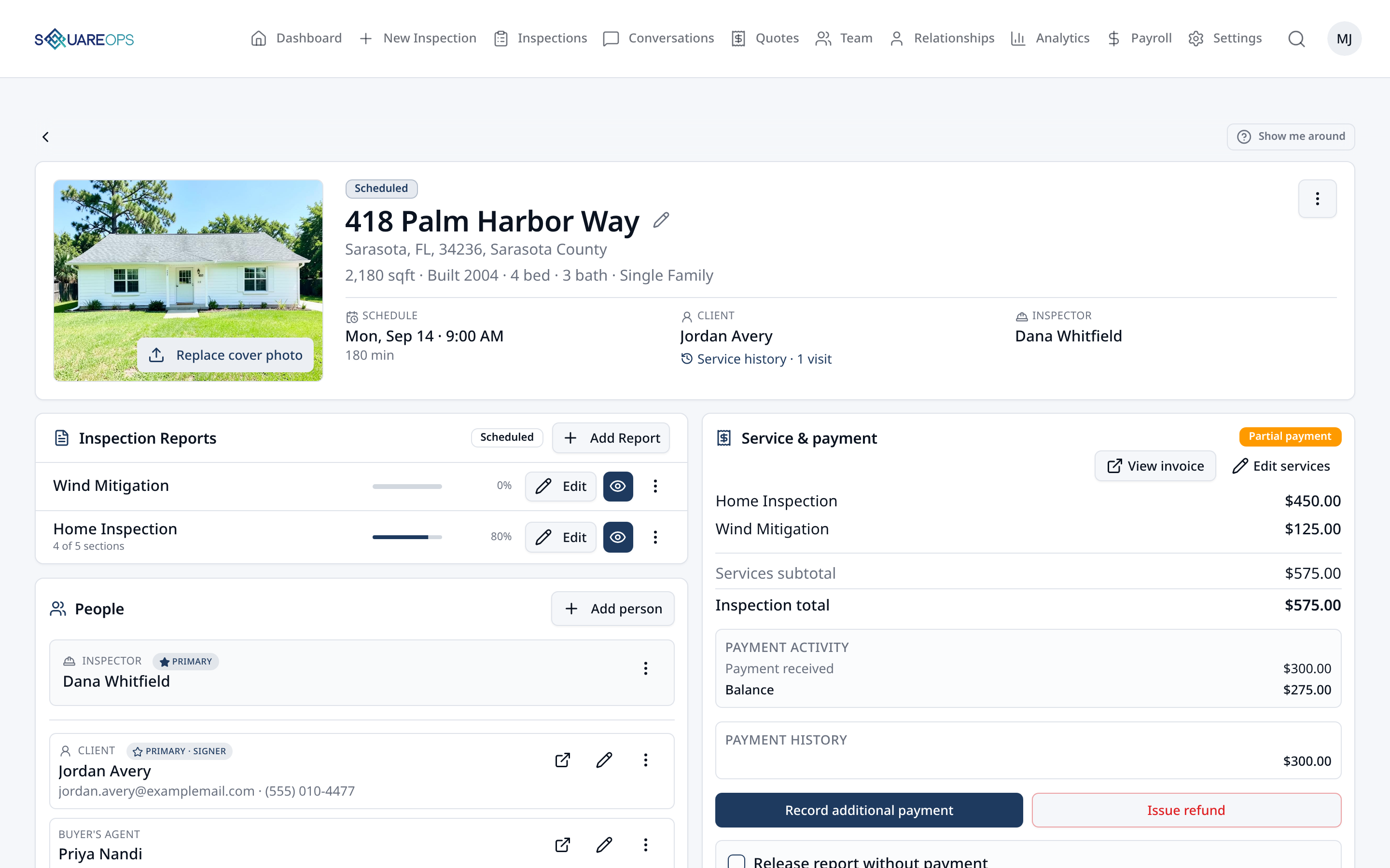 SquareOps inspection overview showing property details, inspection reports progress, assigned team and client, and payment tracking