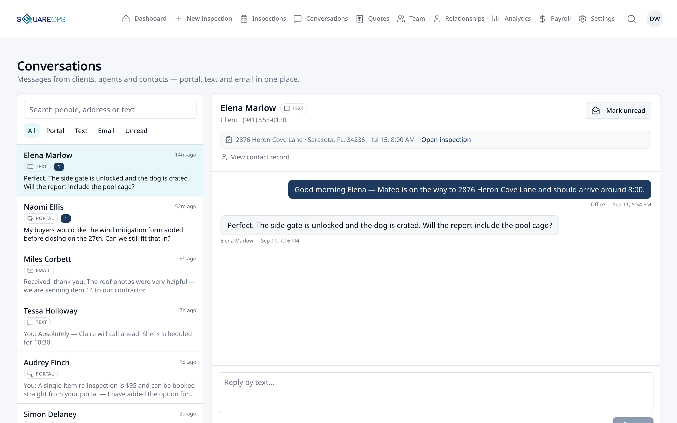 SquareOps Conversations inbox showing unified portal, text, and email messages from clients and agents linked directly to inspections