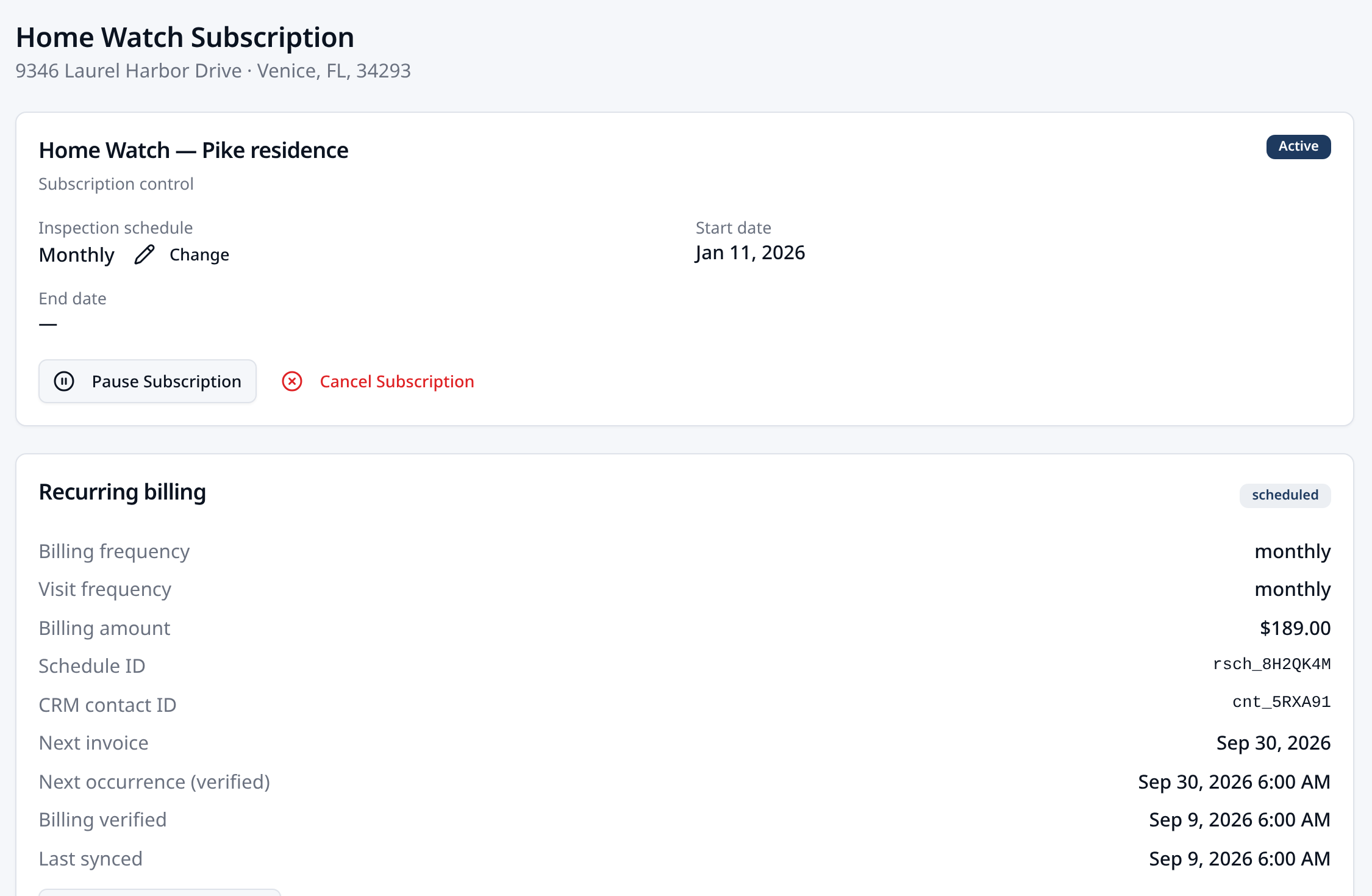 SquareOps Home Watch Subscription view showing subscription control, monthly schedule, and recurring billing breakdown