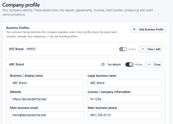 SquareOps Business Profiles settings showing multi-brand configuration with distinct business names, websites, and contact details operating under one system