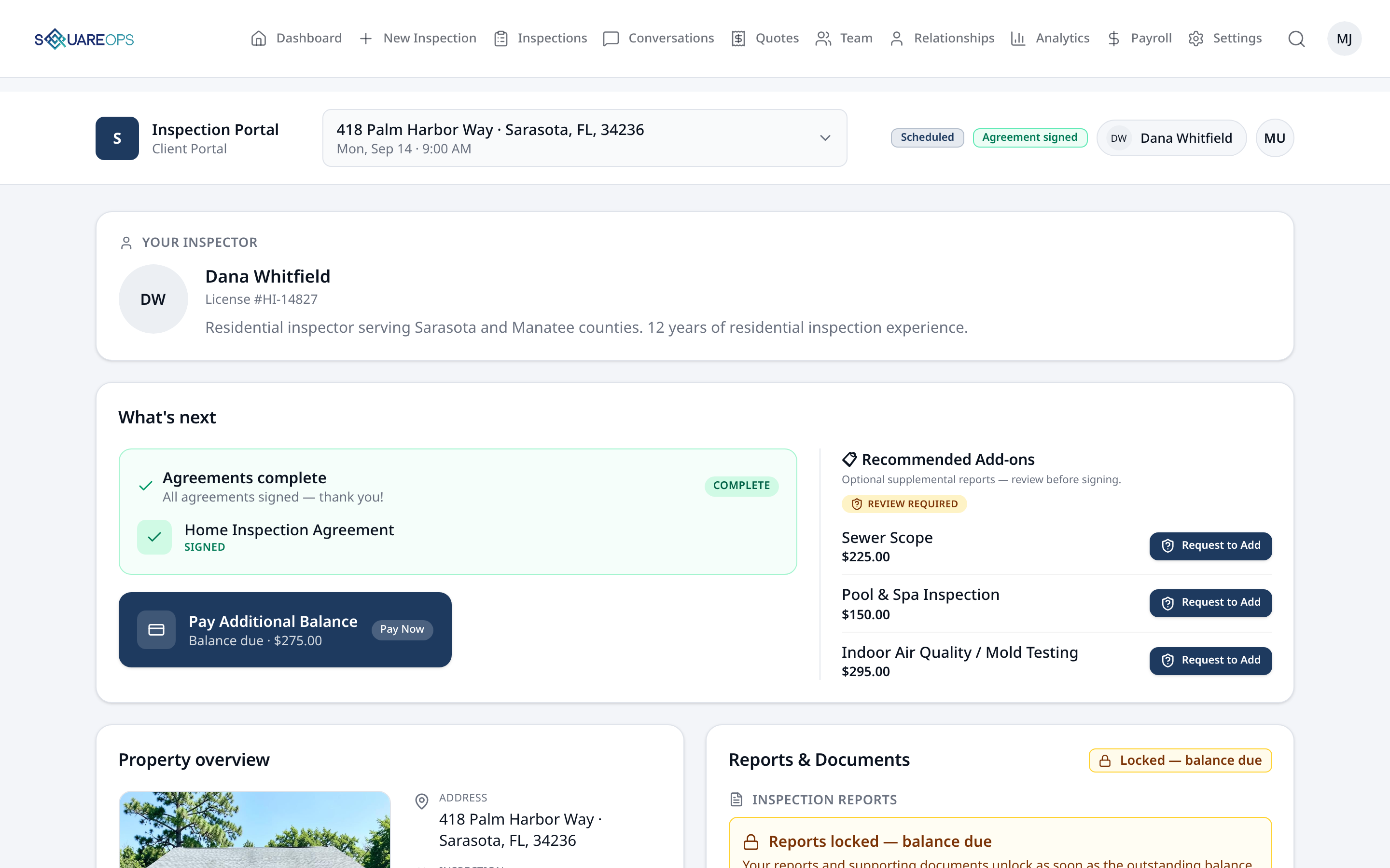 SquareOps Client Portal showing inspector details, agreement signing status, balance payment, recommended add-ons, and locked reports status