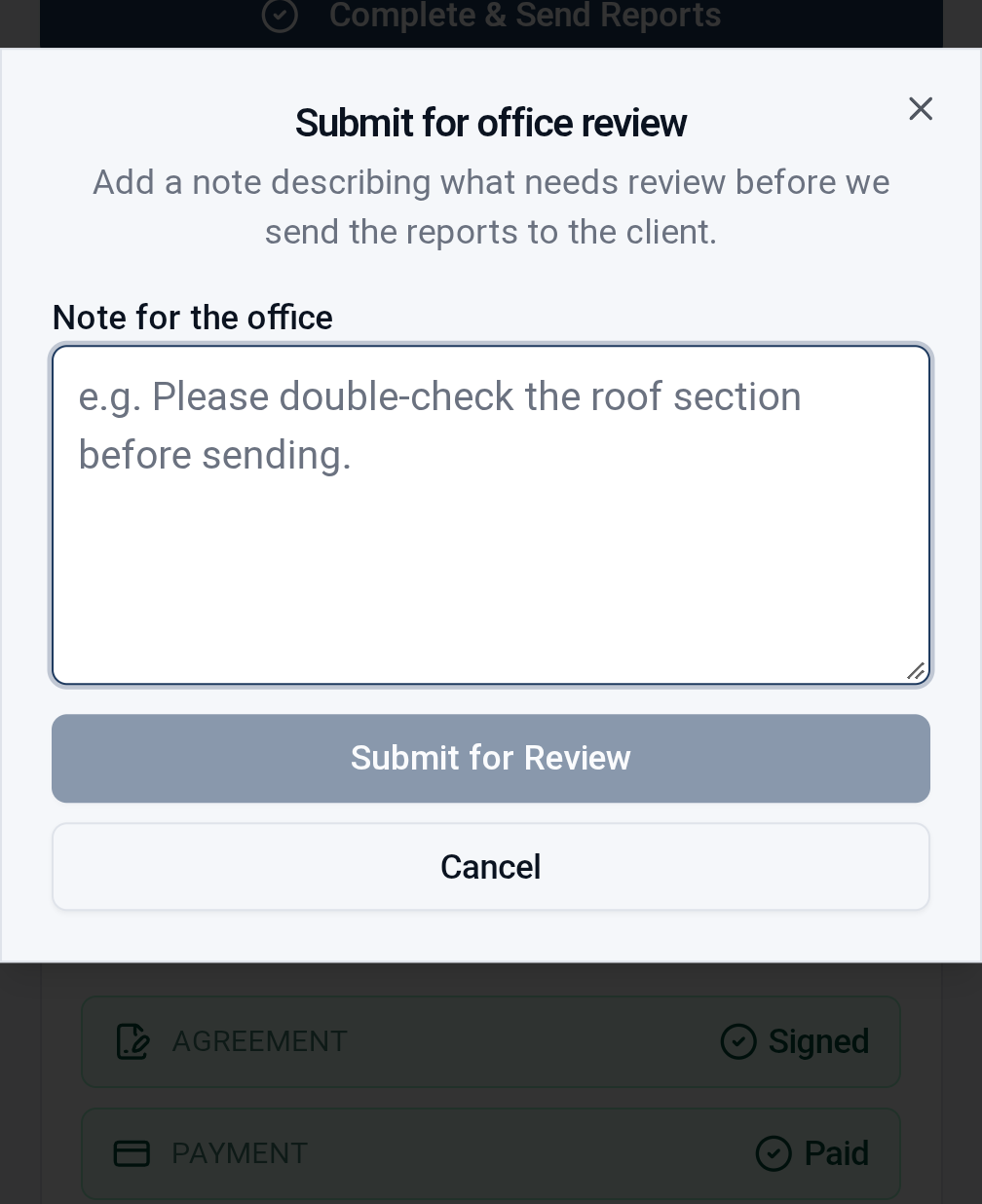 SquareOps Submit for office review modal showing the inspector adding a review note for the office before sending reports to the client
