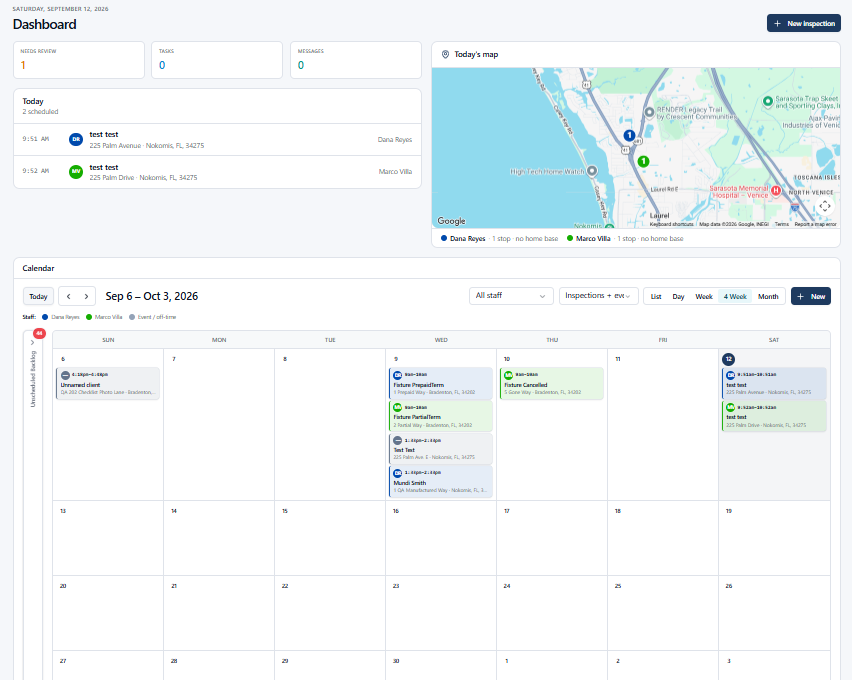 SquareOps operations dashboard showing today's inspections, route map, and monthly calendar