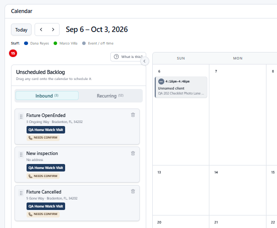 SquareOps Calendar view showing the Unscheduled Backlog sidebar with inbound and recurring jobs ready to be dragged onto the calendar