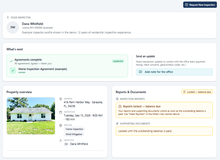 SquareOps Agent Portal view showing inspector profile, agreement status, property overview, reports lock status, and Request New Inspection button