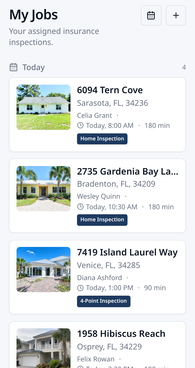 SquareOps mobile inspector My Jobs view showing assigned daily inspections, property photos, addresses, client names, scheduled times, and service types