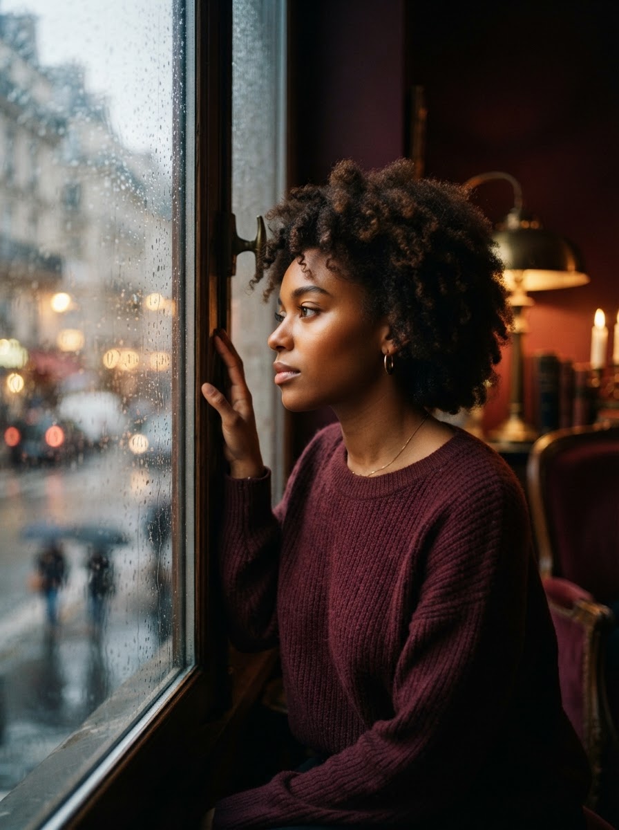 Femme pensive imaginant une histoire idéalisée