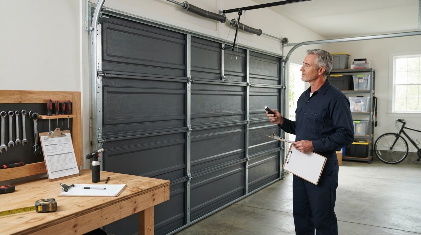 Garage door maintenance checklist beside a closed door