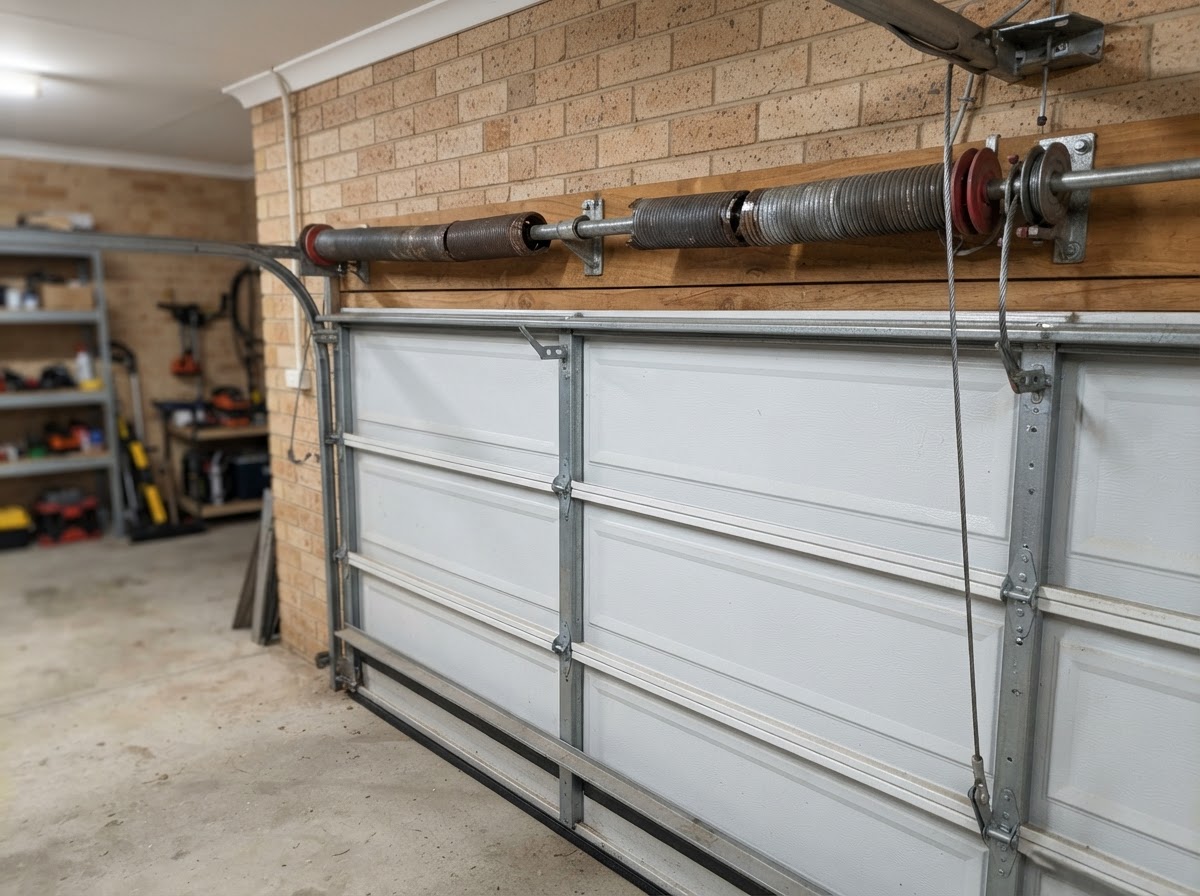 Broken torsion spring above a closed garage door