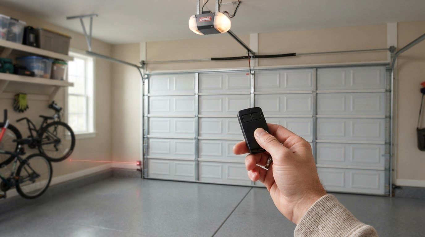 Remote control facing a closed garage door