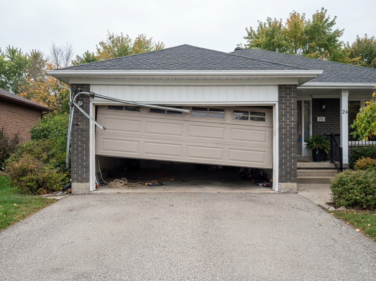 Uneven garage door with the area kept clear