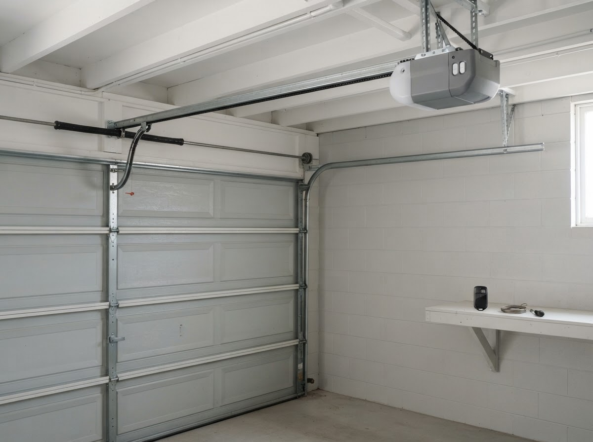 Garage door opener, rail and remote control