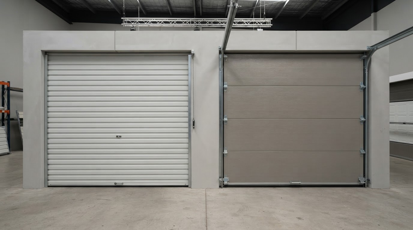 Roller door and sectional garage door side by side