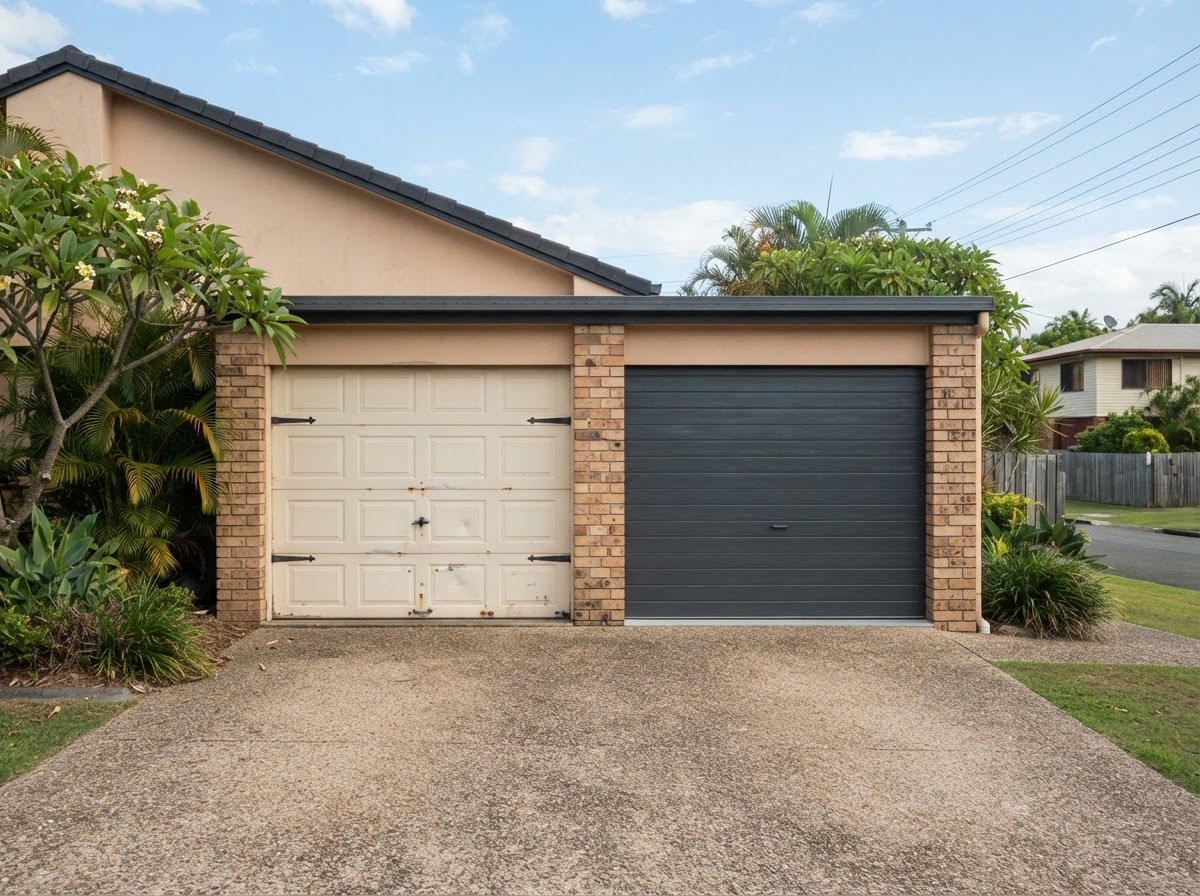 Older and contemporary garage doors shown for comparison