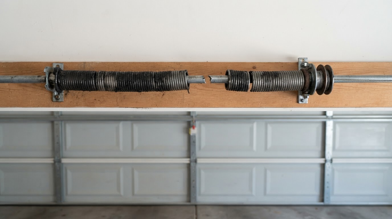 Visible gap in a broken garage door torsion spring