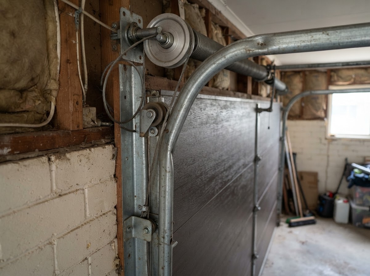 Garage door track, roller and cable system