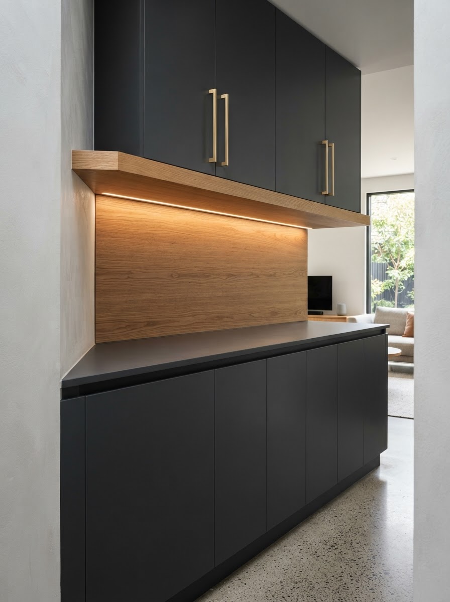 Lignora Joinery bespoke dark charcoal and warm oak custom cabinetry with brushed gold hardware