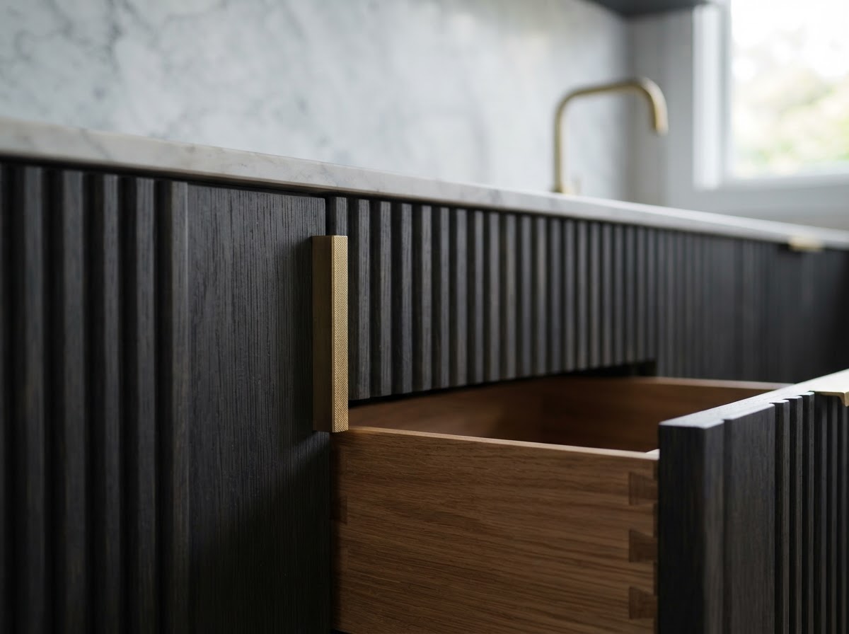 Lignora Joinery bespoke fluted oak cabinetry and brushed gold joinery craftsmanship
