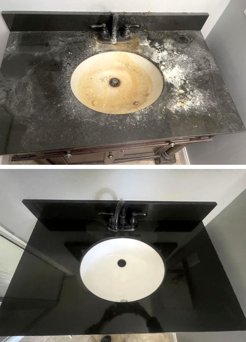 Spotless bathroom vanity after deep restoration cleaning