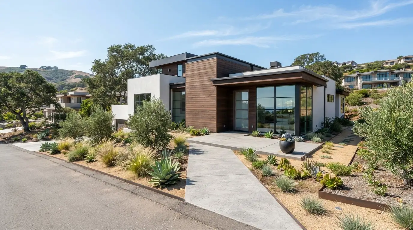 Clean modern concrete patio and walkway around a residence
