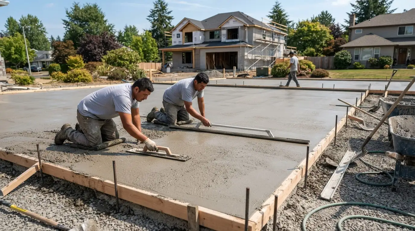 Large concrete slab being finished during a residential flatwork pour