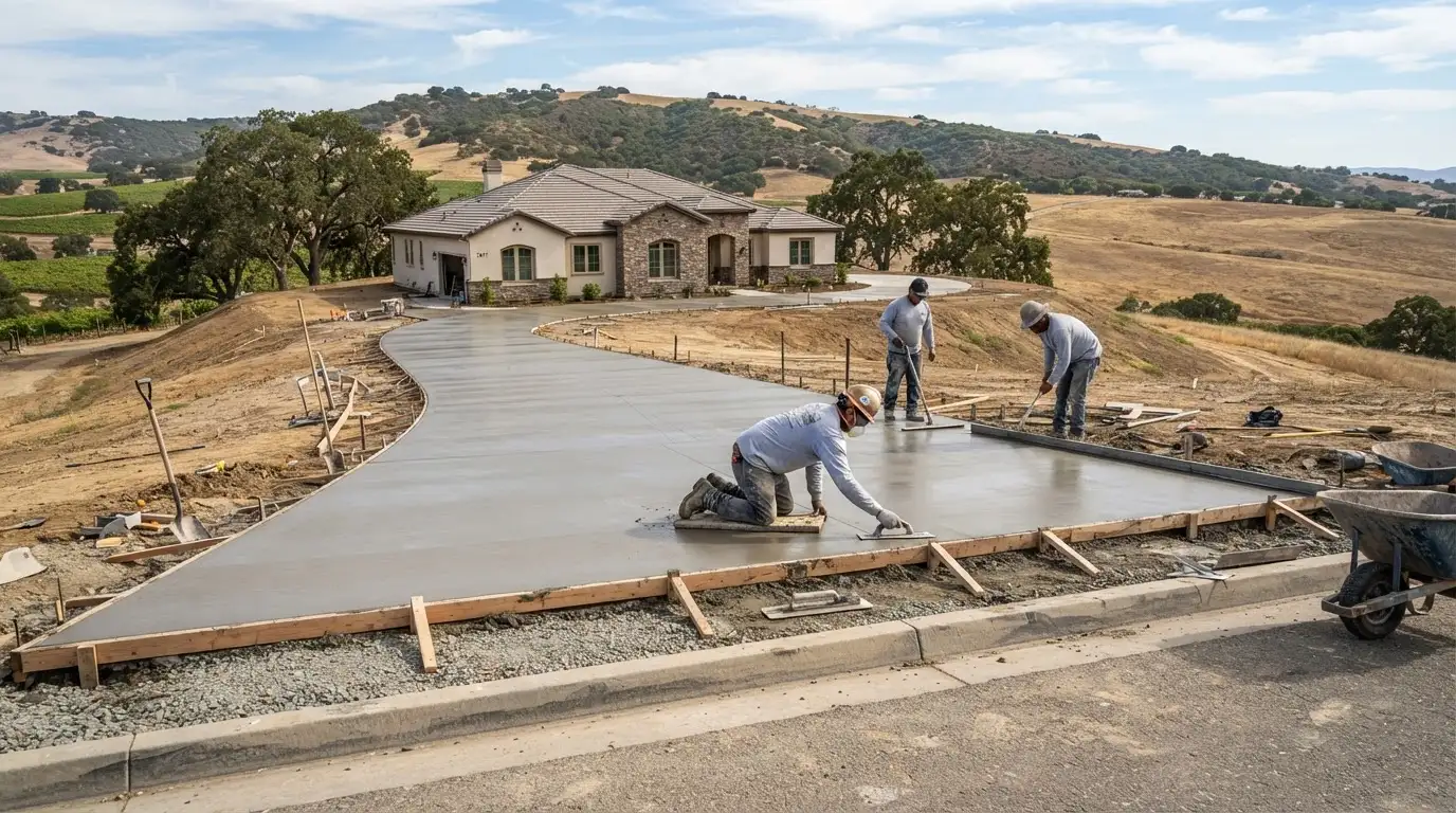 Freshly poured concrete driveway being finished by workers in Paso Robles