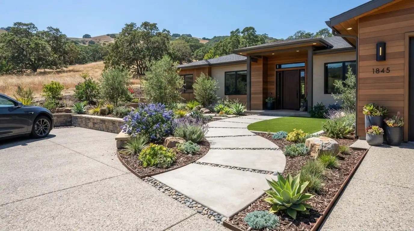 Concrete walkway connecting a driveway to a home entrance through a front yard