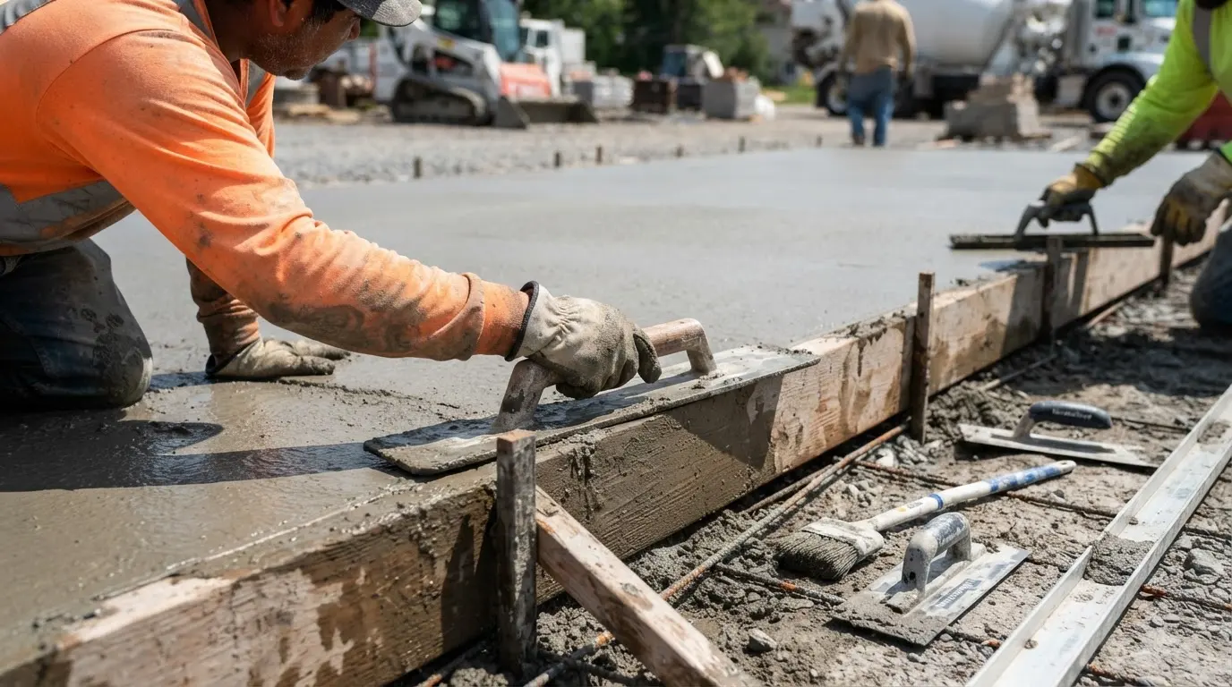 Authentic concrete jobsite craftsmanship with finishing tools visible