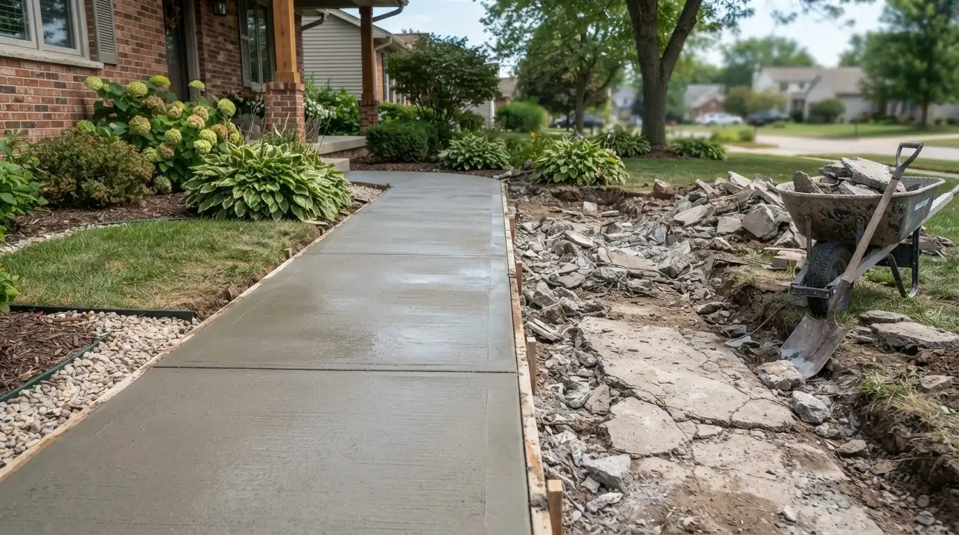 Freshly replaced concrete next to an area of old concrete being removed