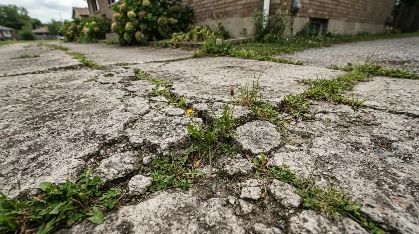 Old cracked and deteriorated concrete driveway with weeds growing through cracks