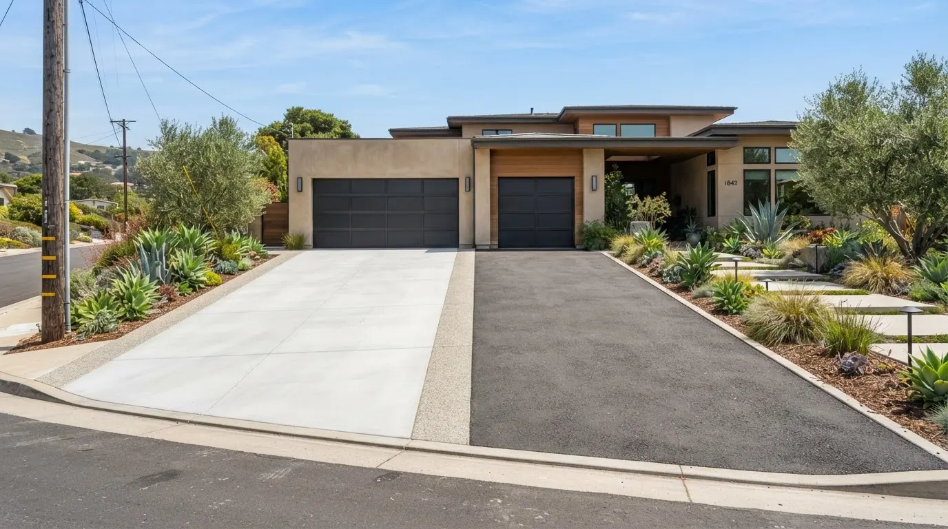 Comparison of a concrete driveway beside an asphalt driveway on a residential property