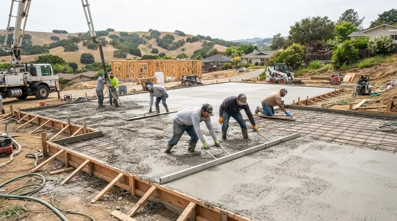 Large concrete slab being poured and finished on a residential property